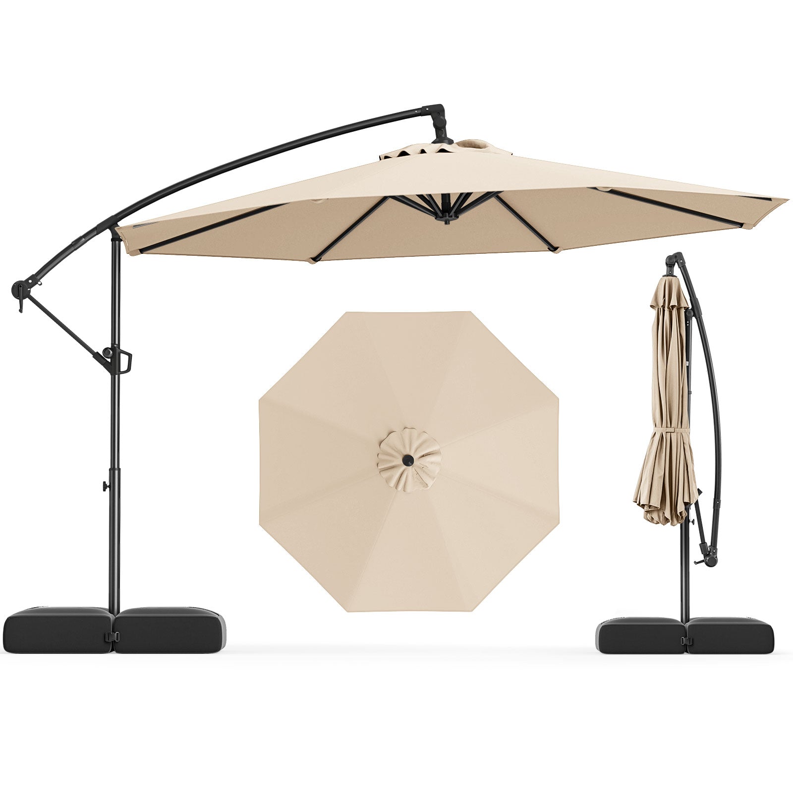 10 Feet Offset Hanging Umbrella with Base Patio Cantilever Umbrella with Tilt-Gray - Beige