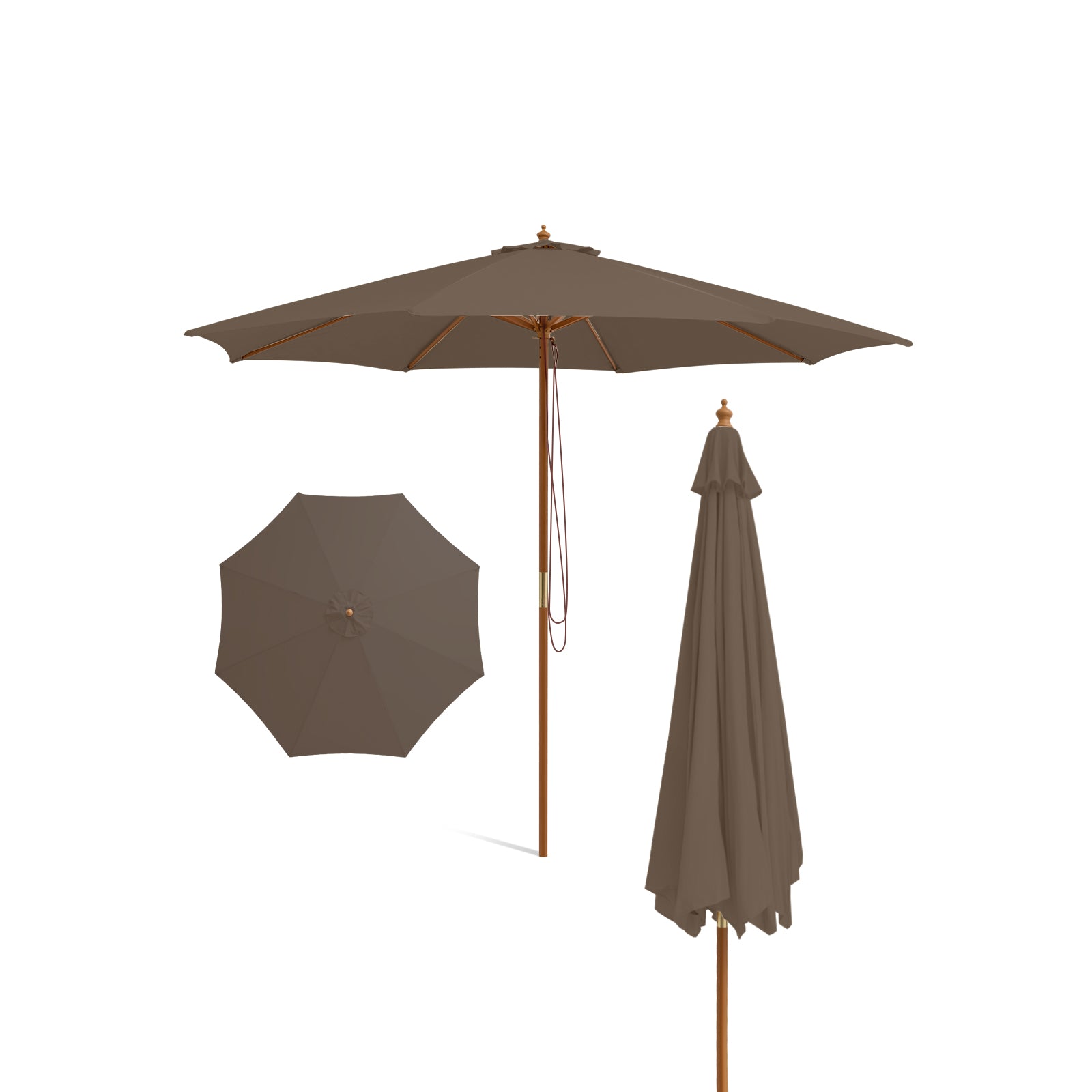 10 Feet Patio Umbrella with 8 Wooden Ribs and 3 Adjustable Heights-Brown - Brown