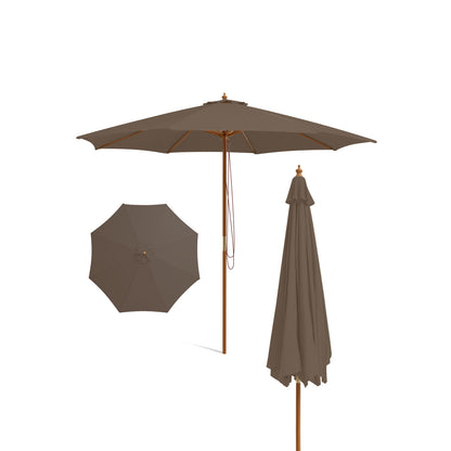 10 Feet Patio Umbrella with 8 Wooden Ribs and 3 Adjustable Heights-Brown - Brown
