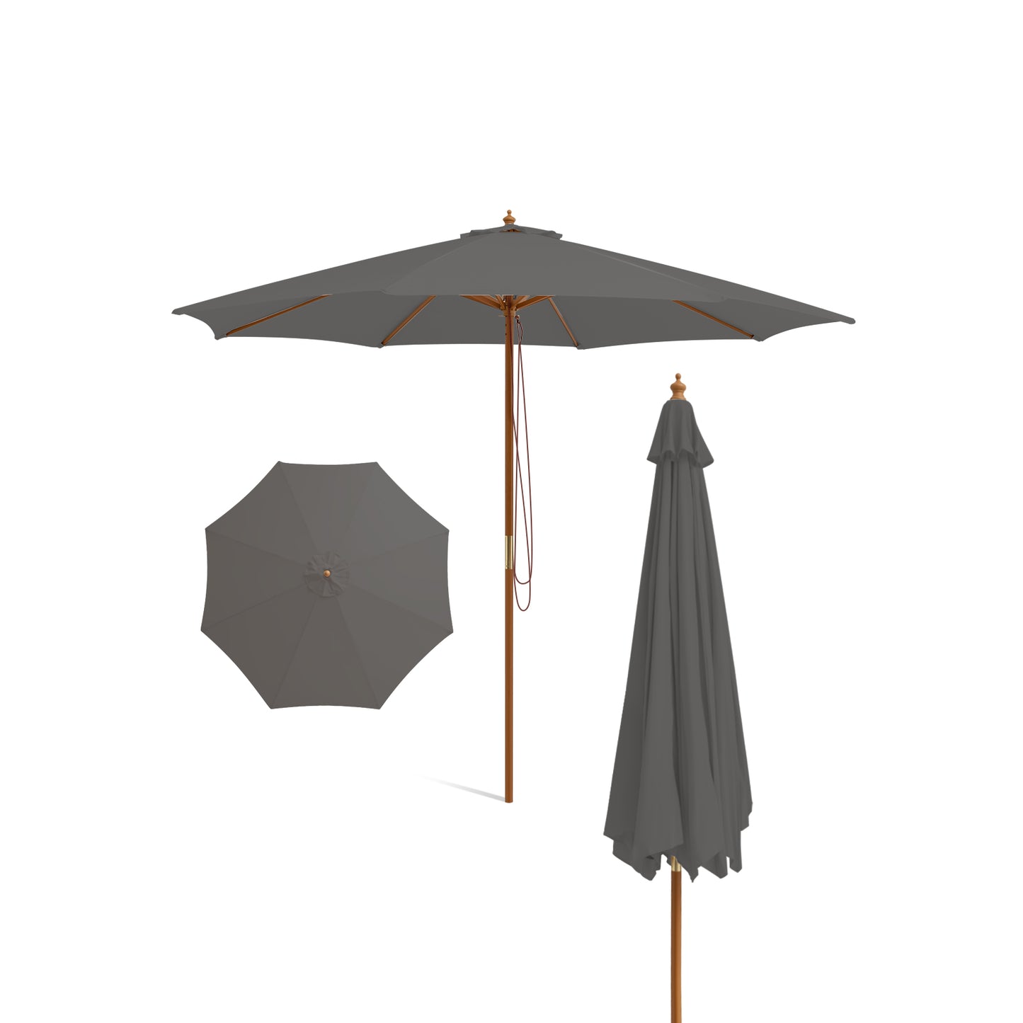 10 Feet Patio Umbrella with 8 Wooden Ribs and 3 Adjustable Heights-Brown - Gray