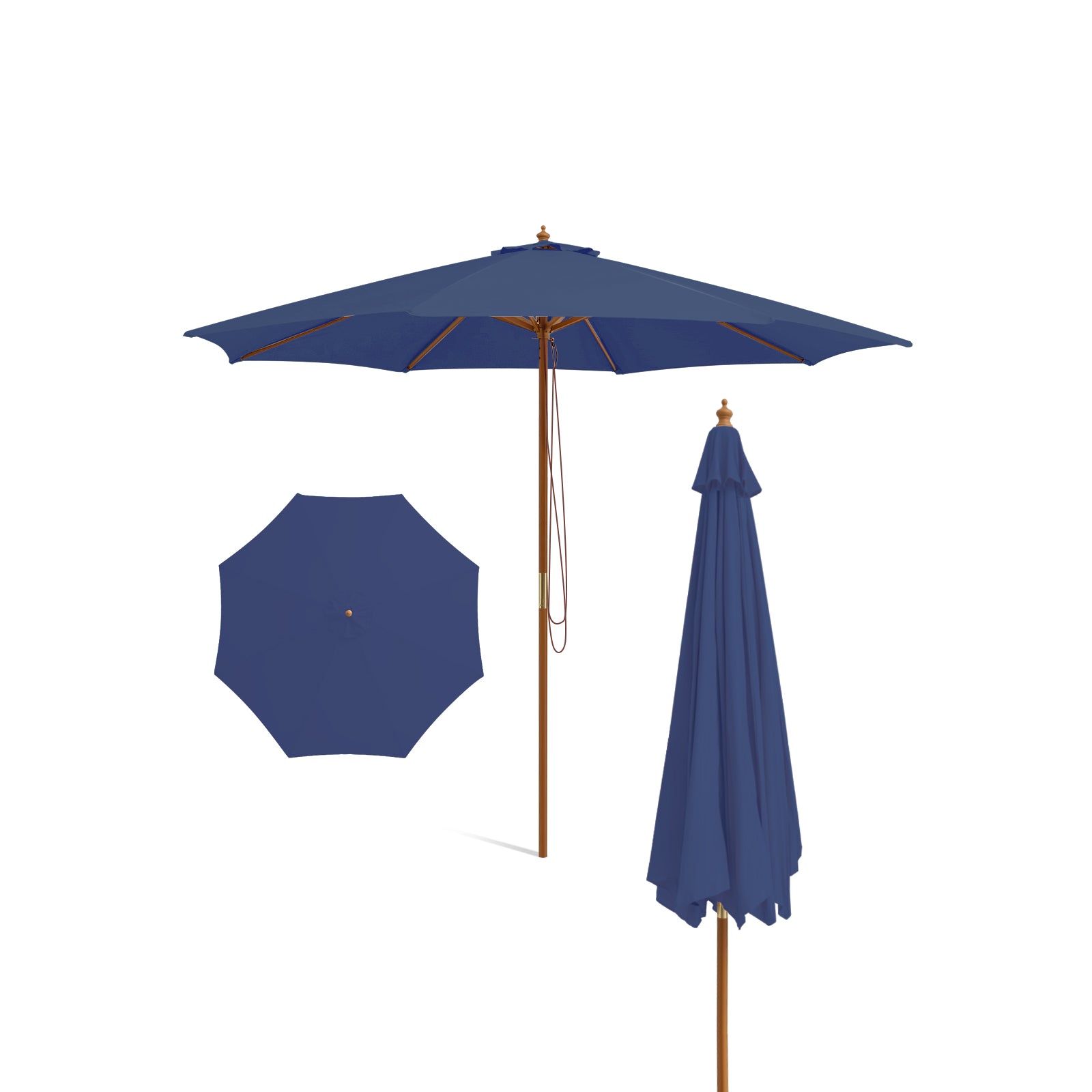10 Feet Patio Umbrella with 8 Wooden Ribs and 3 Adjustable Heights-Brown - Navy