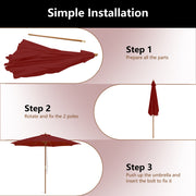 10 Feet Patio Umbrella with 8 Wooden Ribs and 3 Adjustable Heights-Wine