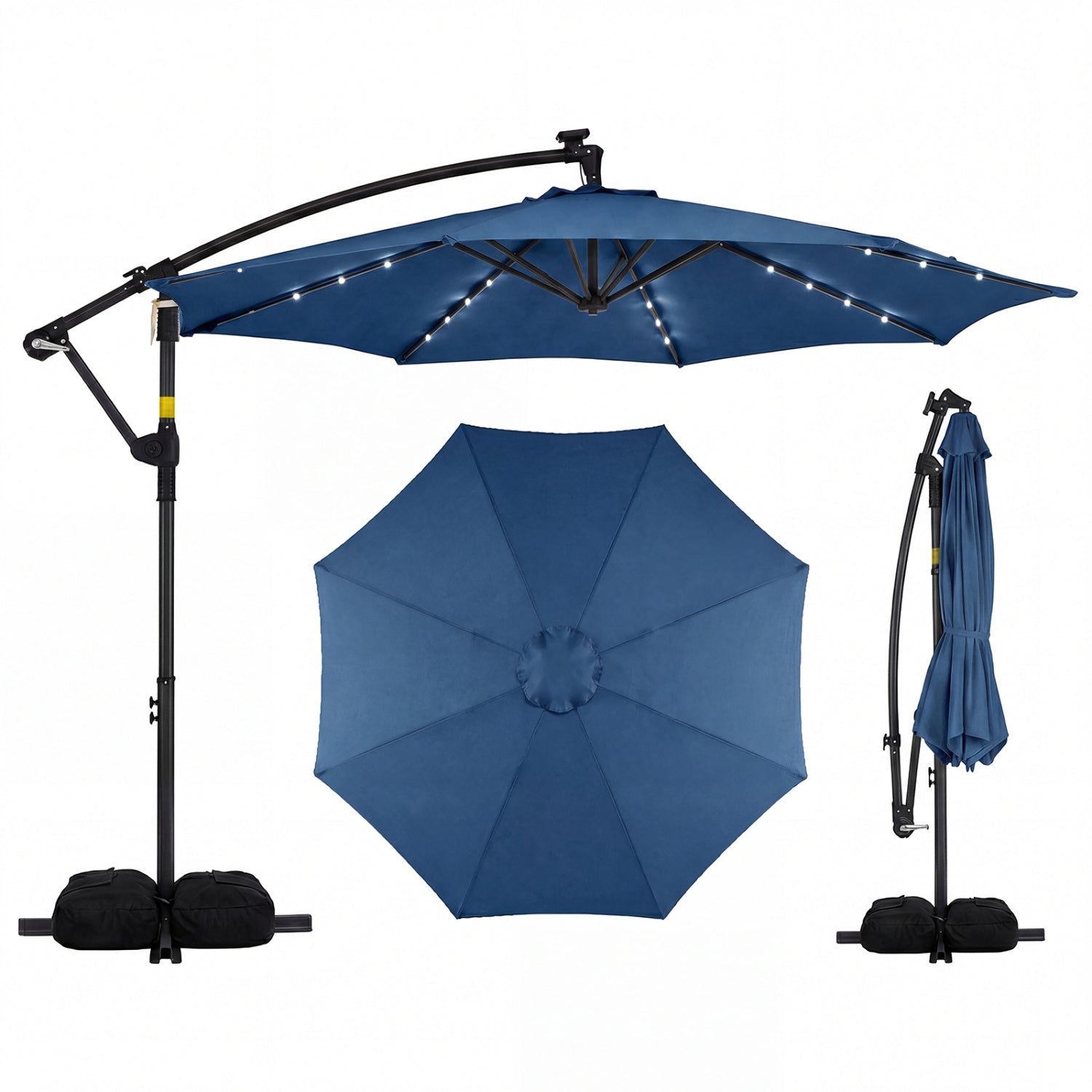 10 Feet Solar Offset Hanging Umbrella with Base and 32 LED Lights-Navy