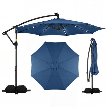 10 Feet Solar Offset Hanging Umbrella with Base and 32 LED Lights-Navy