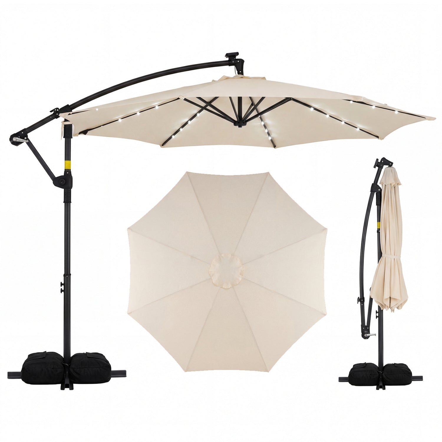 10 Feet Solar Offset Hanging Umbrella with Base and 32 LED Lights-Beige