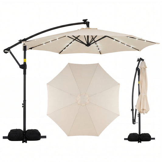 10 Feet Solar Offset Hanging Umbrella with Base and 32 LED Lights-Beige