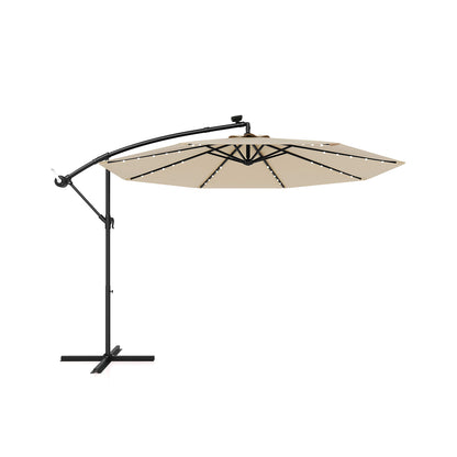 10 Feet Solar LED Offset Umbrella with 40 Lights and Cross Base for Patio-Blue - Beige