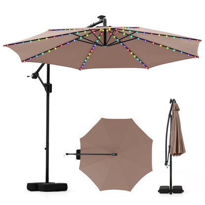 10 Feet Solar Offset Hanging Umbrella with Base and LED Lights-Gray - Coffee