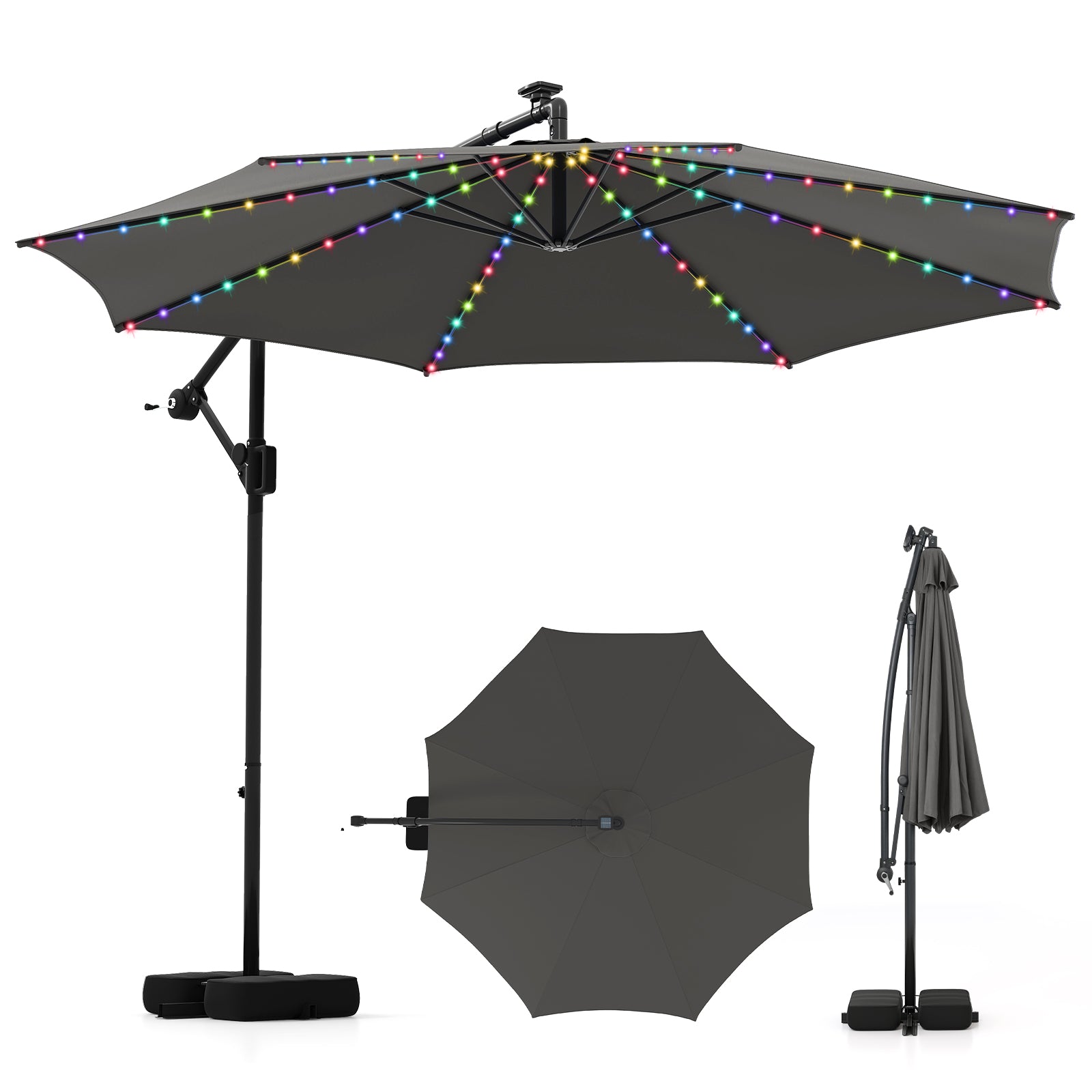 10 Feet Solar Offset Hanging Umbrella with Base and LED Lights-Gray - Gray