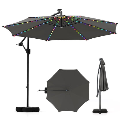 10 Feet Solar Offset Hanging Umbrella with Base and LED Lights-Gray - Gray