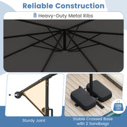 10 Feet Solar Offset Hanging Umbrella with Base and LED Lights-Gray