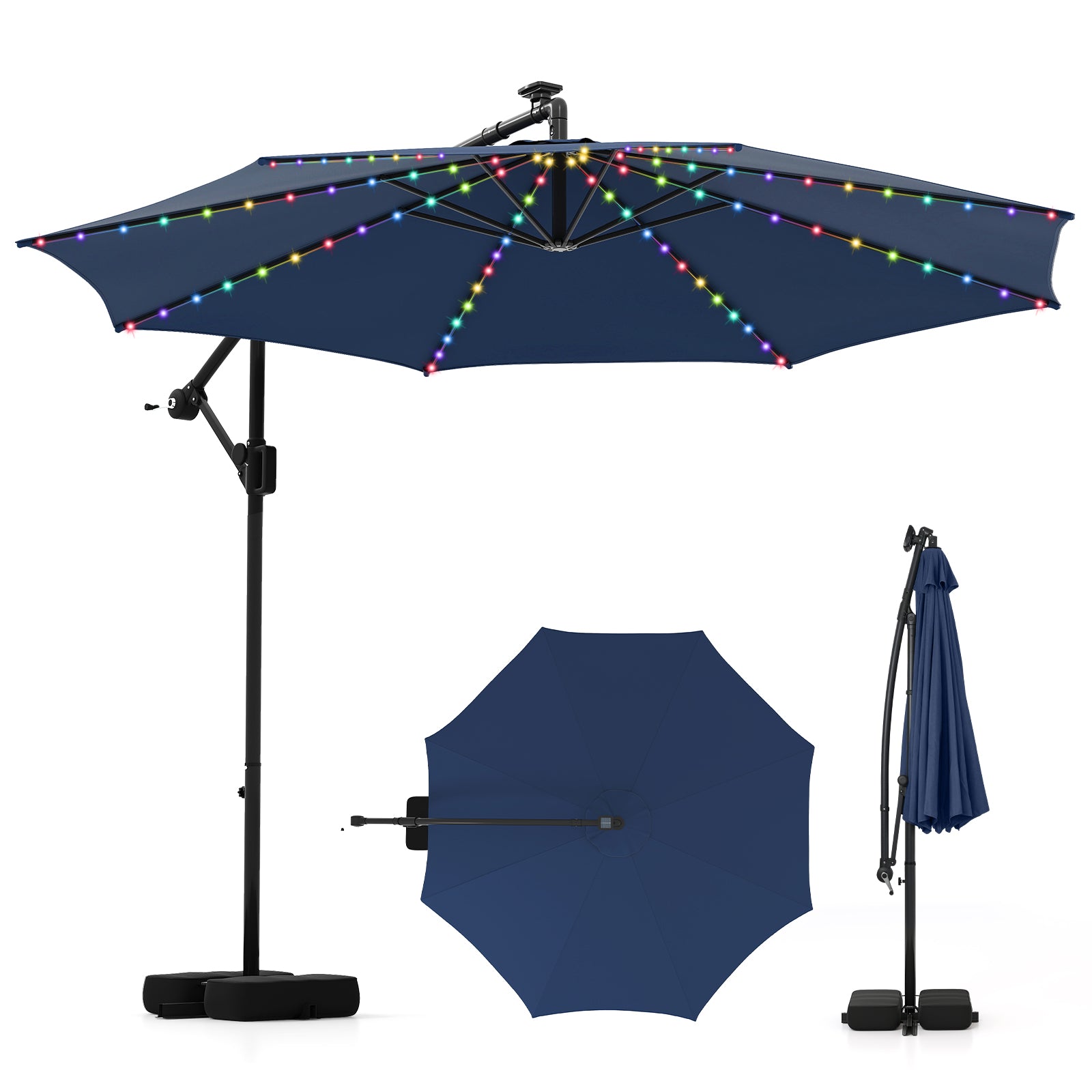 10 Feet Solar Offset Hanging Umbrella with Base and LED Lights-Gray - Navy