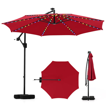 10 Feet Solar Offset Hanging Umbrella with Base and LED Lights-Gray - Red