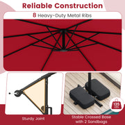 10 Feet Solar Offset Hanging Umbrella with Base and LED Lights-Red