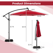 10 Feet Solar Offset Hanging Umbrella with Base and LED Lights-Red