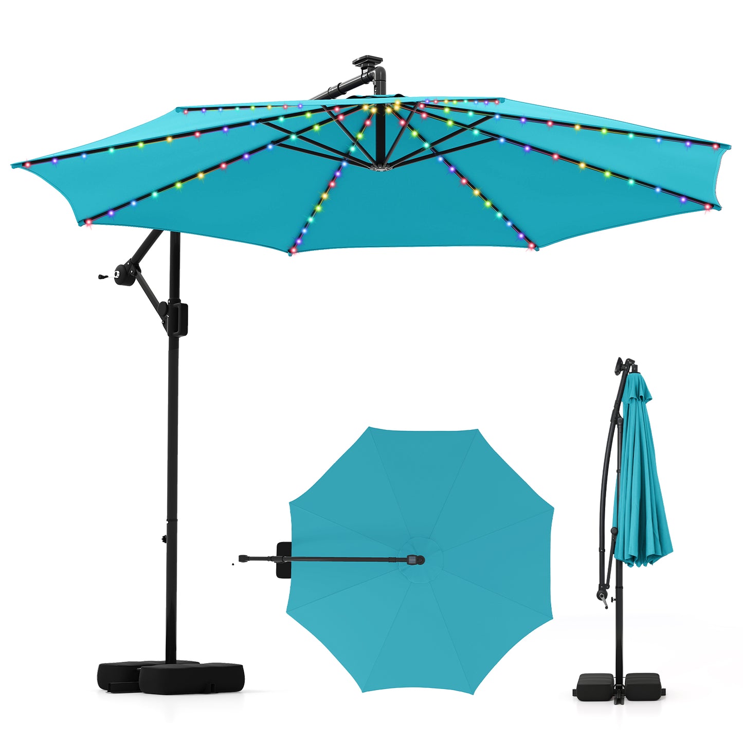 10 Feet Solar Offset Hanging Umbrella with Base and LED Lights-Gray - Turquoise