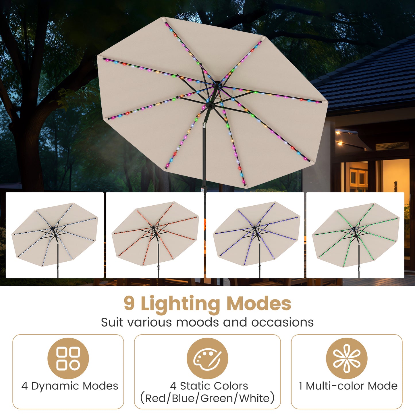 10 Feet Solar Patio Umbrella with 96 Multi-Colored Flowing LED Lights and Tilt Adjustment-Beige