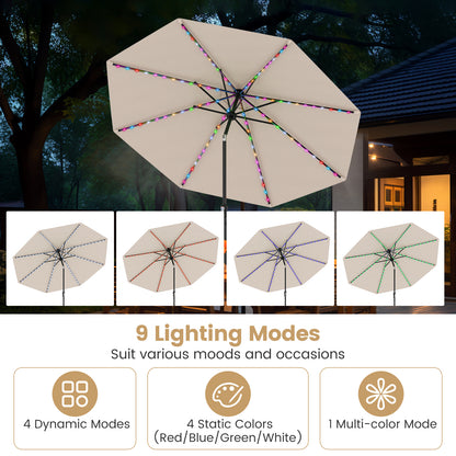 10 Feet Solar Patio Umbrella with 96 Multi-Colored Flowing LED Lights and Tilt Adjustment-Beige