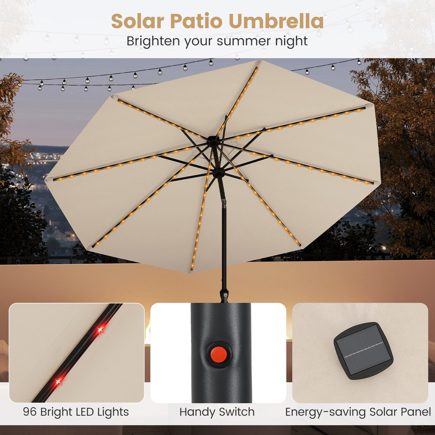 10 Feet Solar Patio Umbrella with 96 Multi-Colored Flowing LED Lights and Tilt Adjustment-Beige