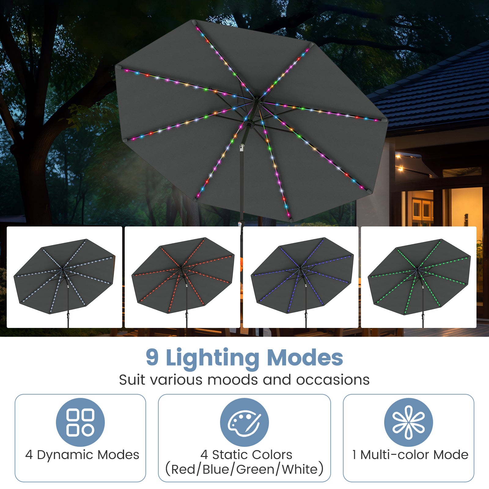 10 Feet Solar Patio Umbrella with 96 Multi-Colored Flowing LED Lights and Tilt Adjustment-Gray