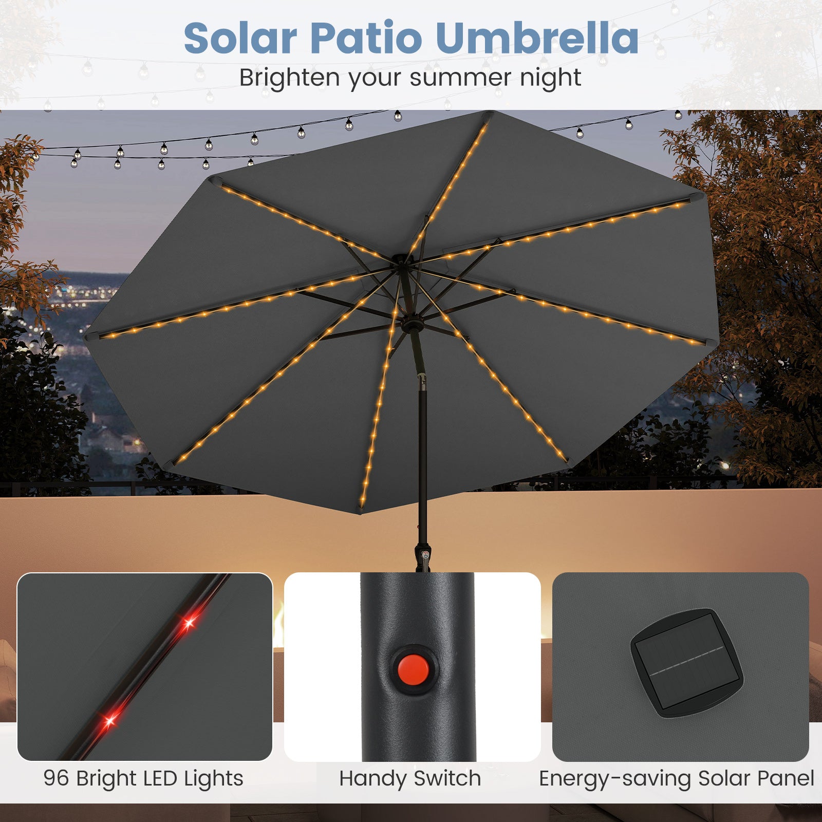 10 Feet Solar Patio Umbrella with 96 Multi-Colored Flowing LED Lights and Tilt Adjustment-Gray