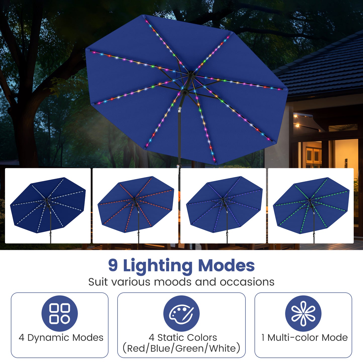 10 Feet Solar Patio Umbrella with 96 Multi-Colored Flowing LED Lights and Tilt Adjustment-Navy
