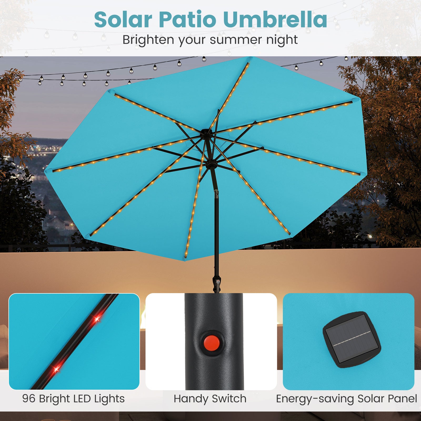10 Feet Solar Patio Umbrella with 96 Multi-Colored Flowing LED Lights and Tilt Adjustment-Turquoise