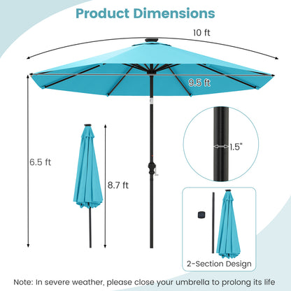10 Feet Solar Patio Umbrella with 96 Multi-Colored Flowing LED Lights and Tilt Adjustment-Turquoise