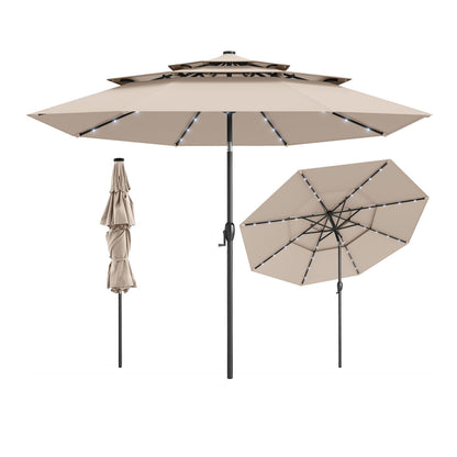 10 Feet Solar Patio Umbrella with 32 LED Lights 3-Tier Vented Top-Turquoise - Beige