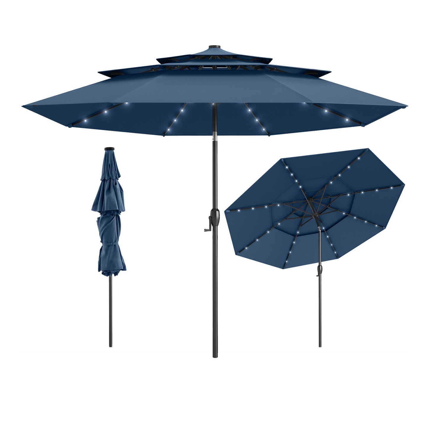 10 Feet Solar Patio Umbrella with 32 LED Lights 3-Tier Vented Top-Turquoise - Navy