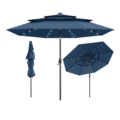 10 Feet Solar Patio Umbrella with 32 LED Lights 3-Tier Vented Top-Turquoise - Navy
