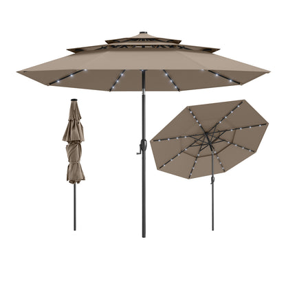 10 Feet Solar Patio Umbrella with 32 LED Lights 3-Tier Vented Top-Turquoise - Taupe