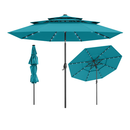 10 Feet Solar Patio Umbrella with 32 LED Lights 3-Tier Vented Top-Turquoise - Turquoise
