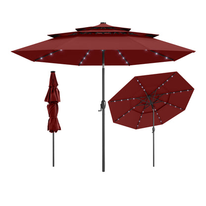 10 Feet Solar Patio Umbrella with 32 LED Lights 3-Tier Vented Top-Turquoise - Wine