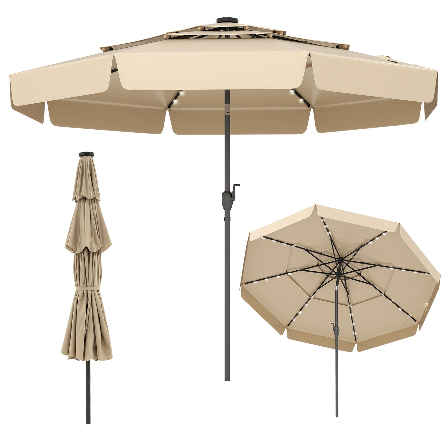 10 Feet Solar Patio Umbrella with 3-Tier Vented Top-Navy - Beige