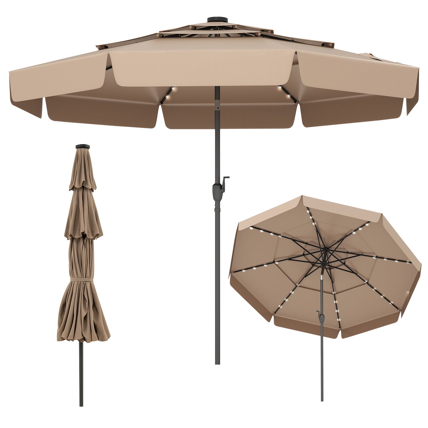 10 Feet Solar Patio Umbrella with 3-Tier Vented Top-Navy - Taupe