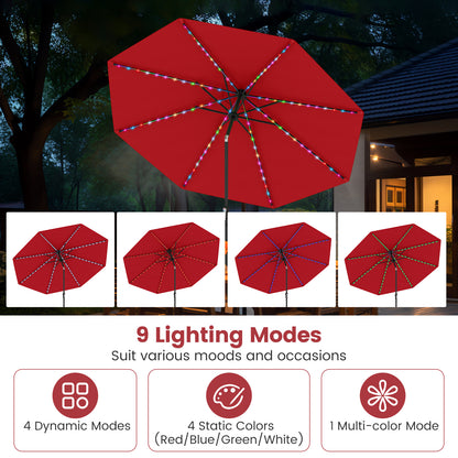 10 Feet Solar Patio Umbrella with 96 Multi-Colored Flowing LED Lights and Tilt Adjustment-Red