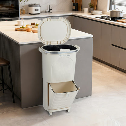 10 Gallon Kitchen Trash Can Double-Layer with Lid and 2 Removable Buckets-Beige