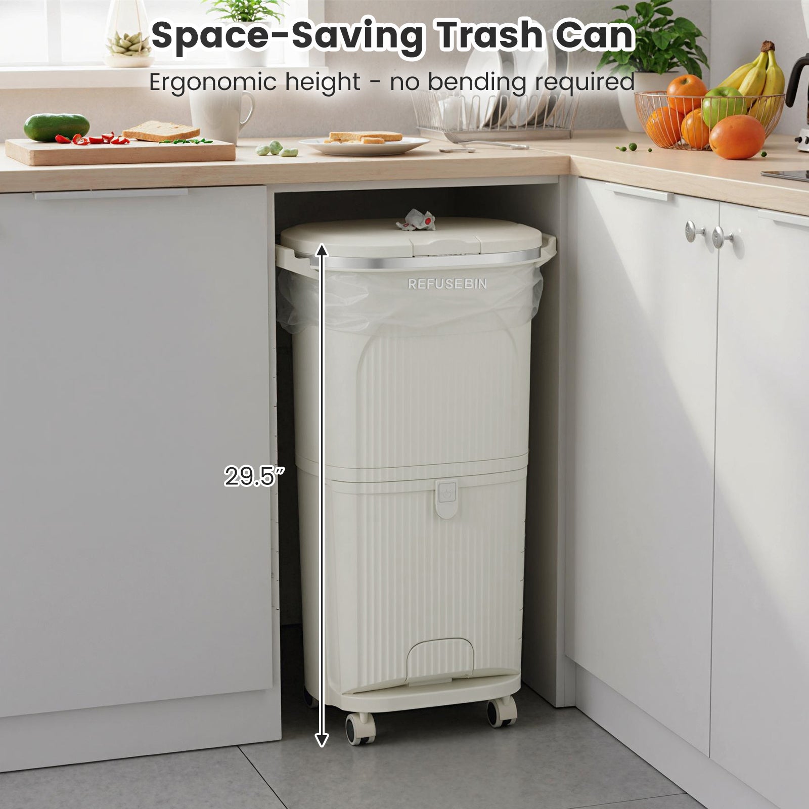10 Gallon Kitchen Trash Can Double-Layer with Lid and 2 Removable Buckets-Beige