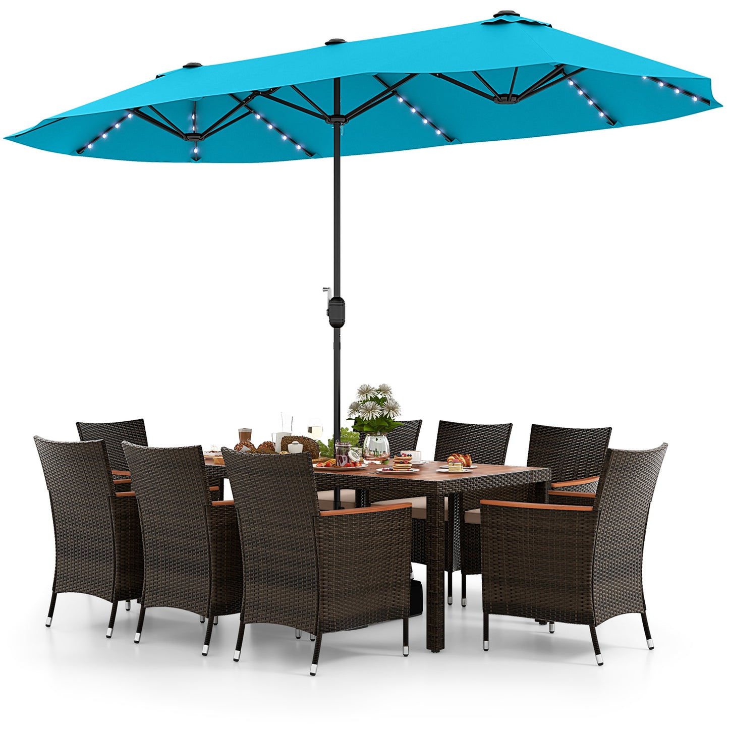 10 Piece Outdoor Dining Set with 15 Feet Double-Sided Twin Patio Umbrella-Turquoise