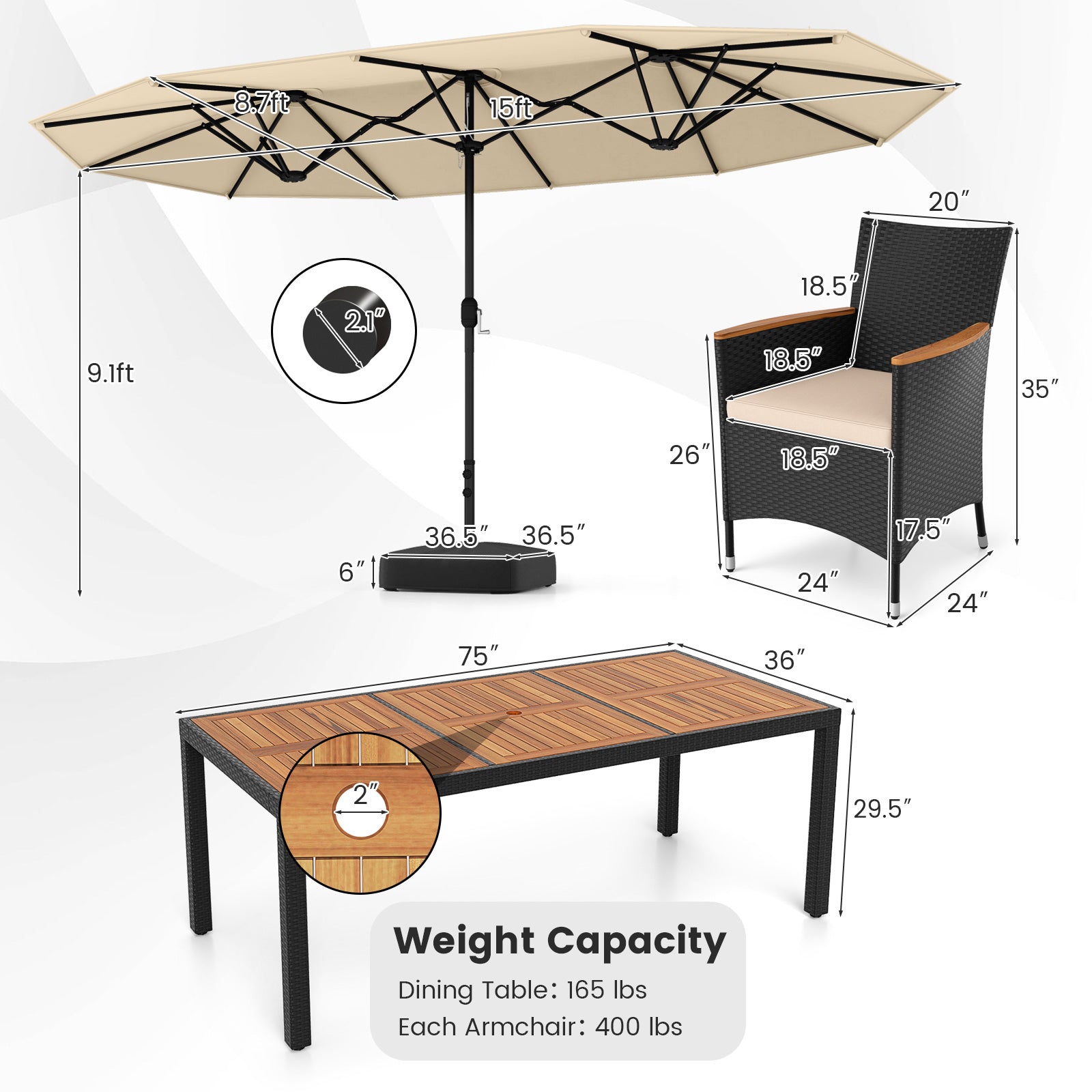 10 Piece Outdoor Dining Set with 15 Feet Double-Sided Twin Umbrella-Beige