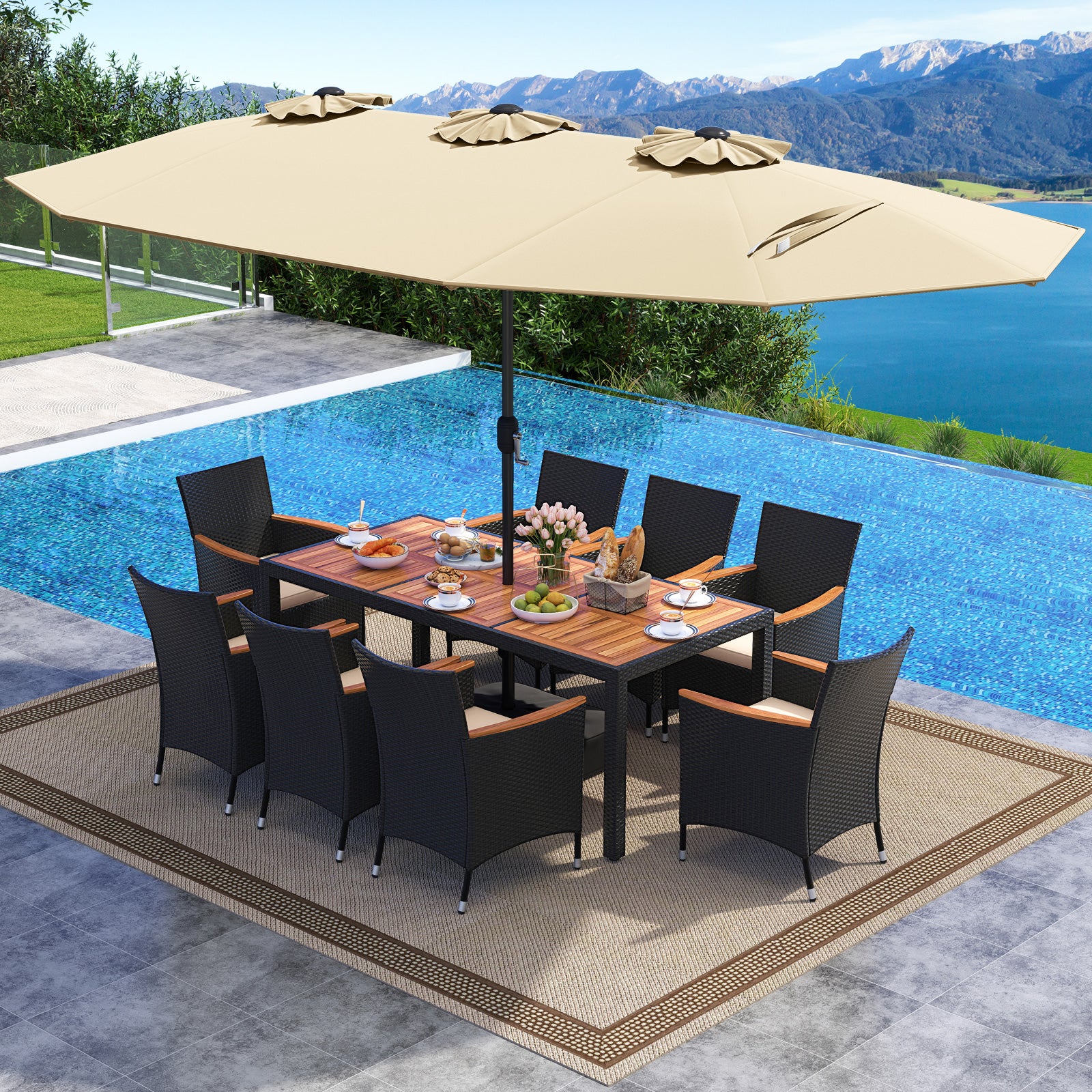 10 Piece Outdoor Dining Set with 15 Feet Double-Sided Twin Umbrella-Beige