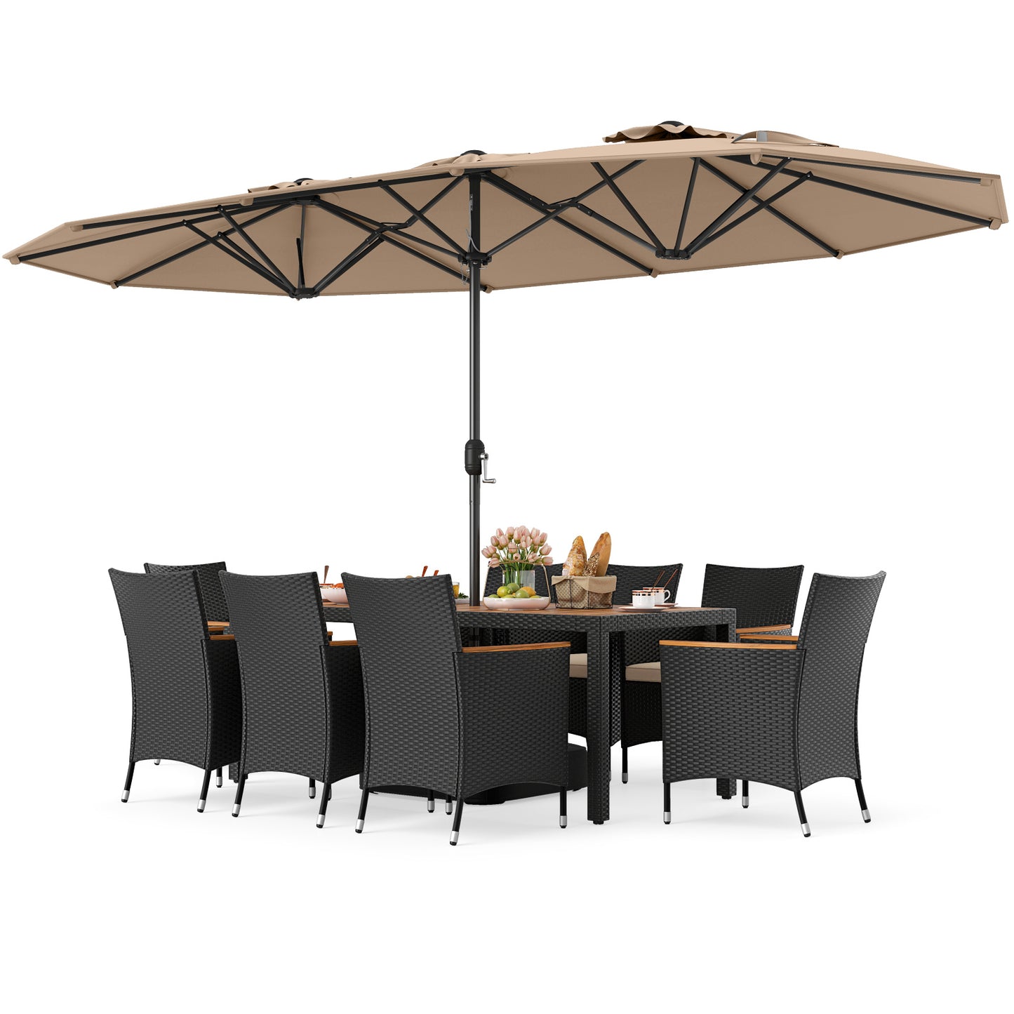 10 Piece Outdoor Dining Set with 15 Feet Double-Sided Twin Umbrella-Brown