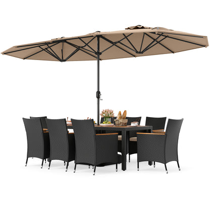 10 Piece Outdoor Dining Set with 15 Feet Double-Sided Twin Umbrella-Brown