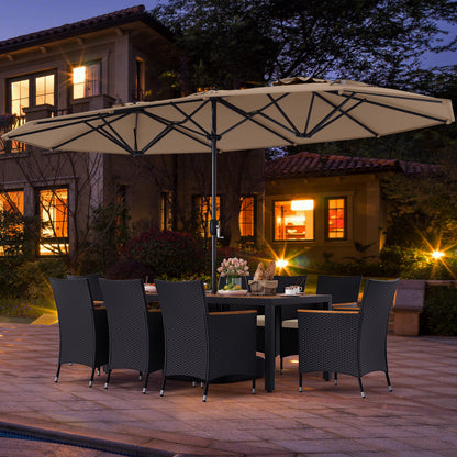 10 Piece Outdoor Dining Set with 15 Feet Double-Sided Twin Umbrella-Brown