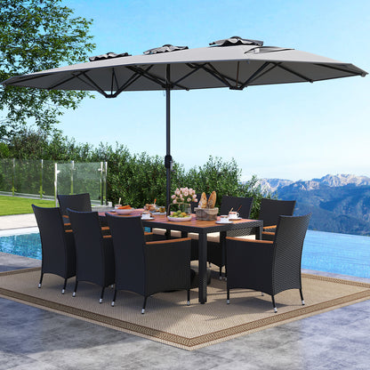 10 Piece Outdoor Dining Set with 15 Feet Double-Sided Twin Umbrella-Gray