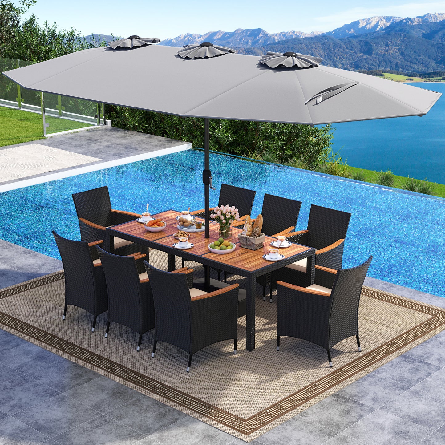 10 Piece Outdoor Dining Set with 15 Feet Double-Sided Twin Umbrella-Gray