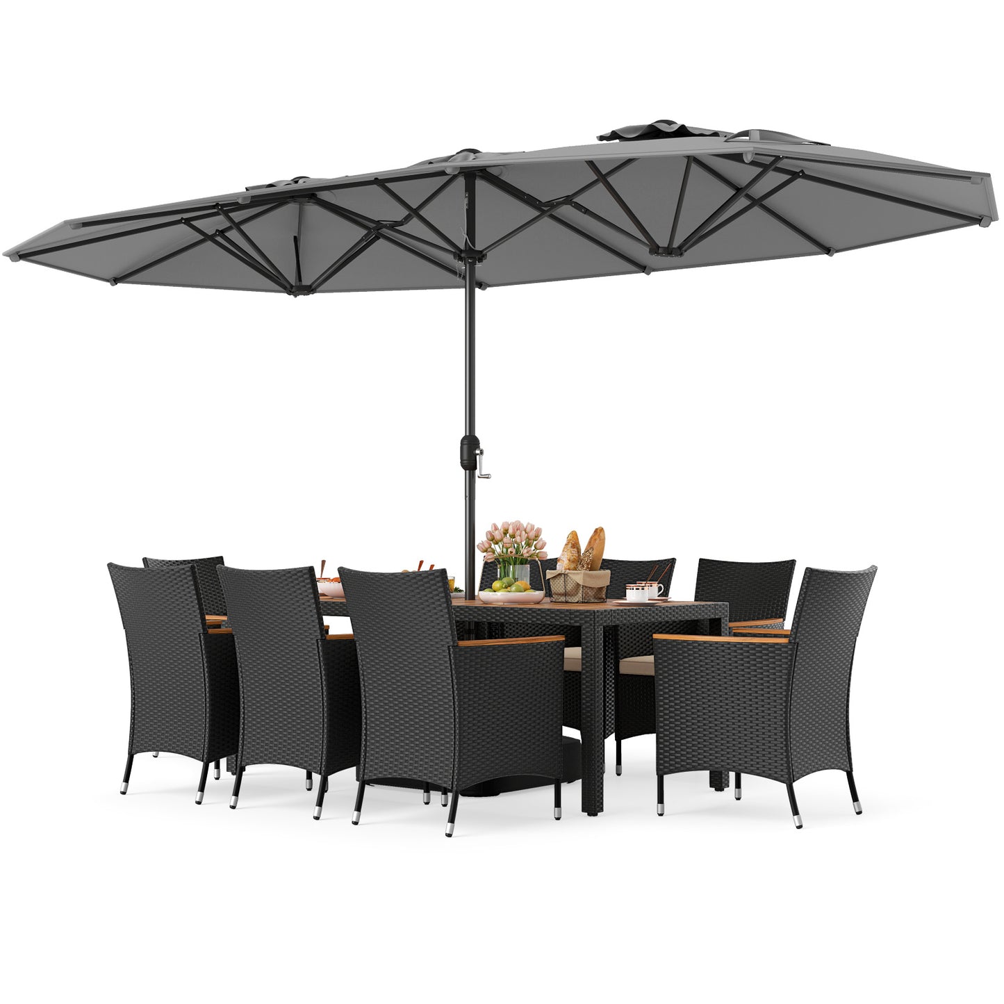 10 Piece Outdoor Dining Set with 15 Feet Double-Sided Twin Umbrella-Gray