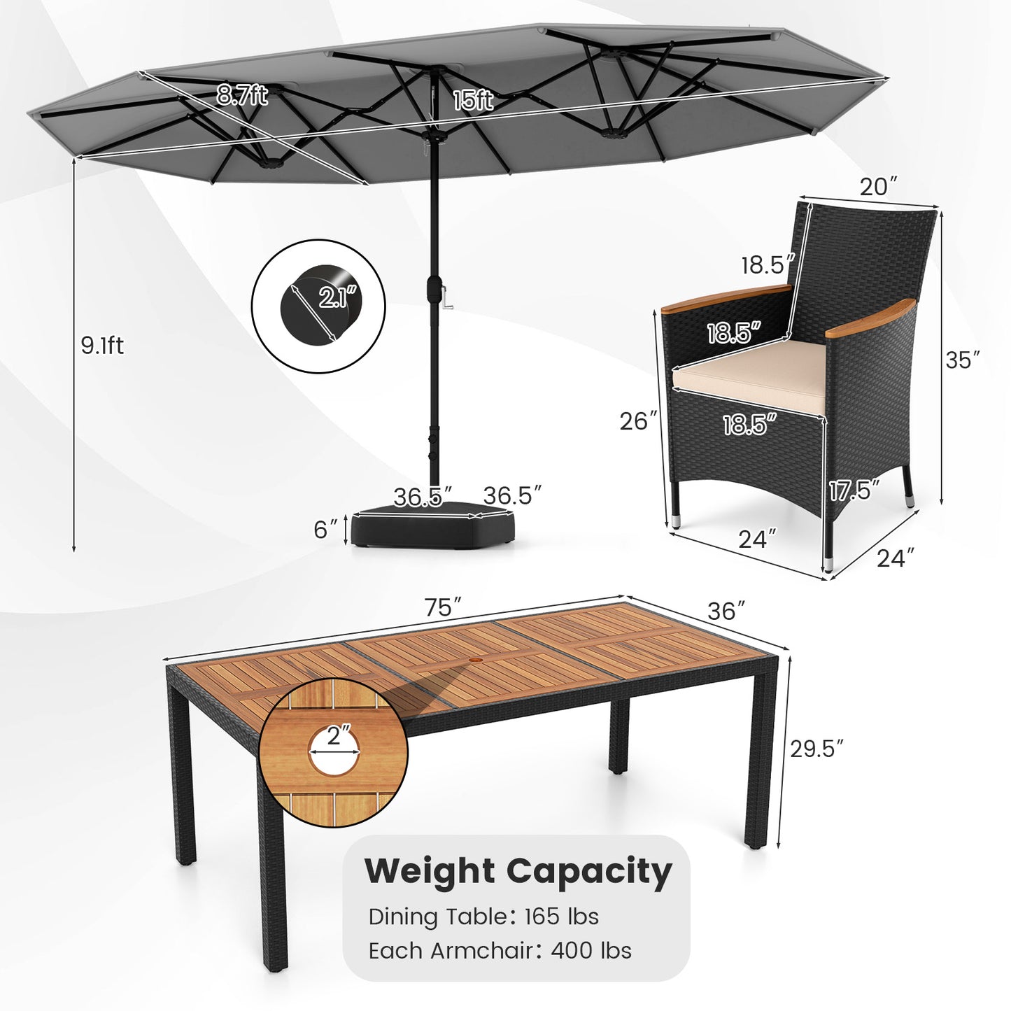 10 Piece Outdoor Dining Set with 15 Feet Double-Sided Twin Umbrella-Gray