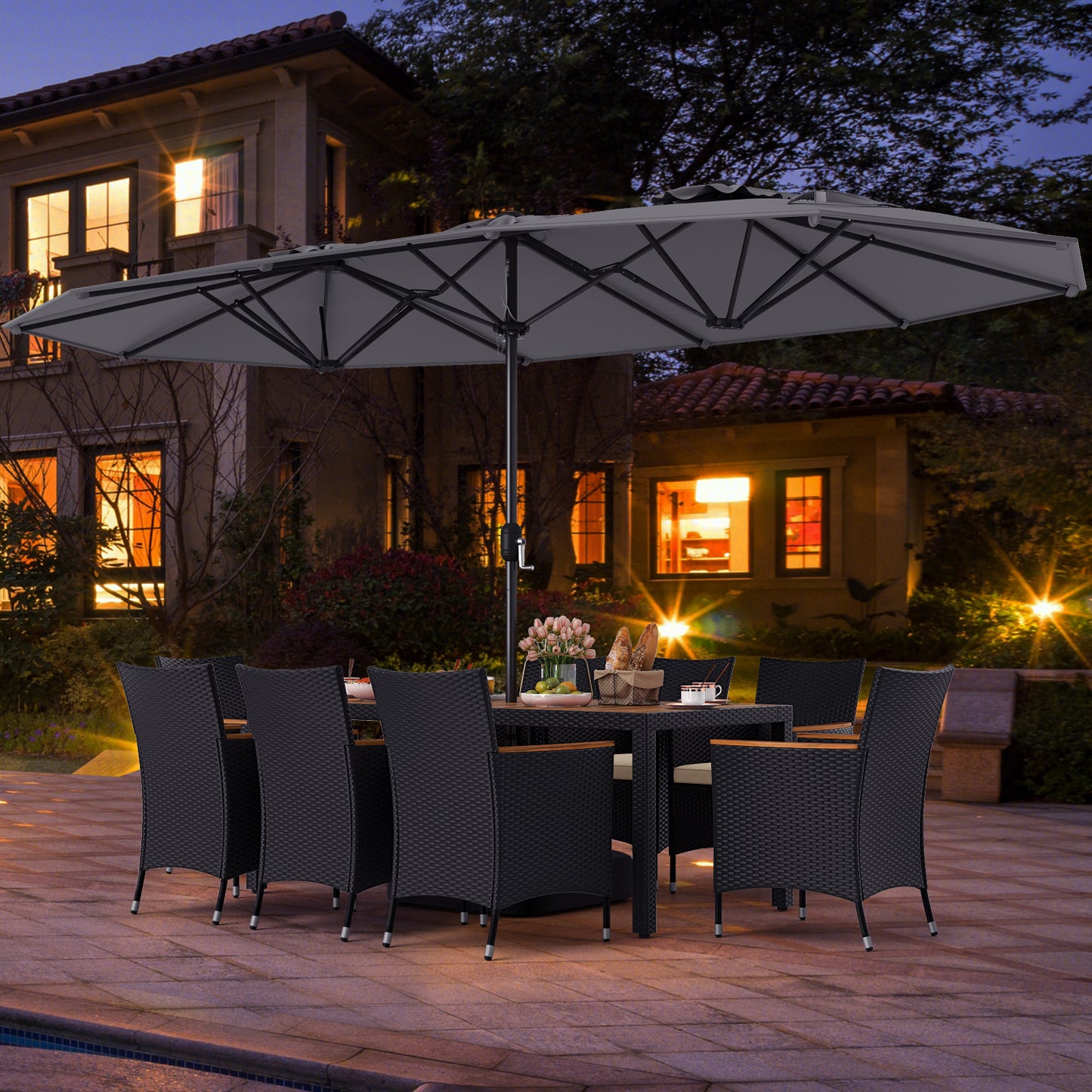 10 Piece Outdoor Dining Set with 15 Feet Double-Sided Twin Umbrella-Gray